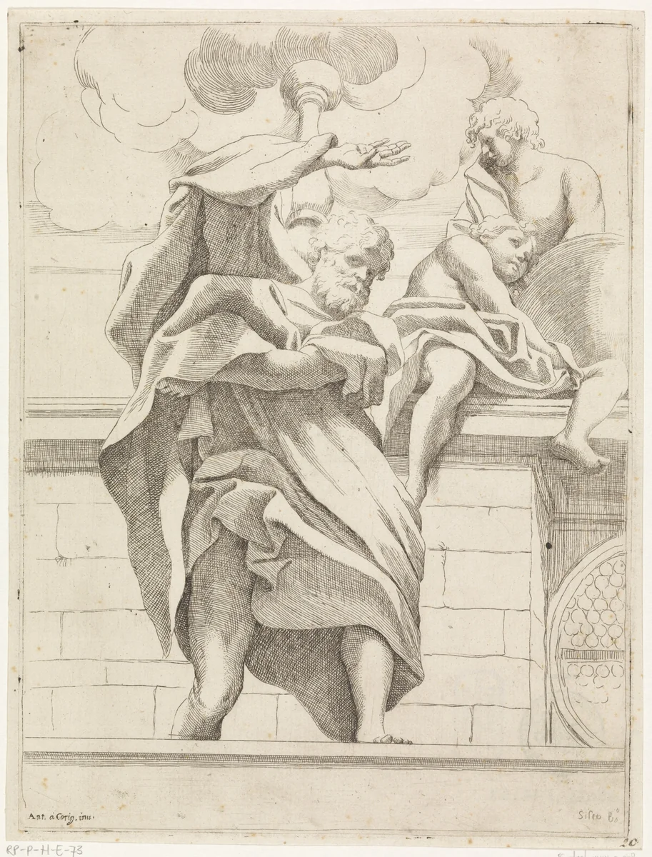 Profeet met twee engelen bij een globe by Unknown, print, 1591-1647