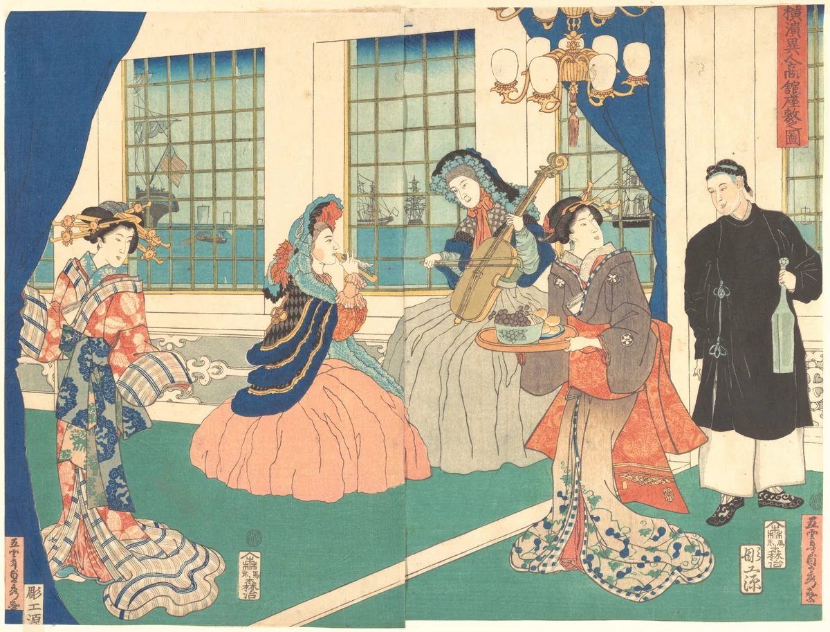 Drawing Room of a Foreign Business Establishment in Yokohama by Utagawa Sadahide, print, 1861