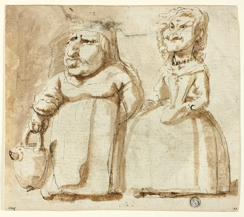 Caricatures of Two Women (recto); Praying Judas (verso) by Pier Francesco Mola, drawing, 1627-1666