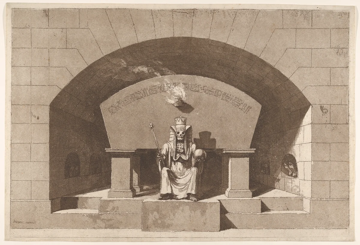 Tomb with Death Enthroned as a Sphinx by Louis Jean Desprez, print, 1779-1784