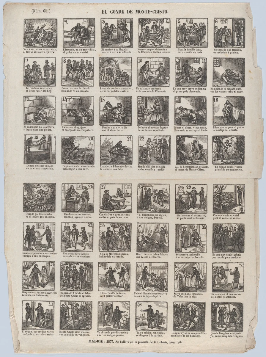 Broadside with 48 scenes relating the story of the Count on Montecristo by José María Marés, print, 1857