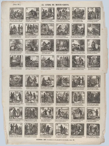 Broadside with 48 scenes relating the story of the Count on Montecristo by José María Marés, print, 1857