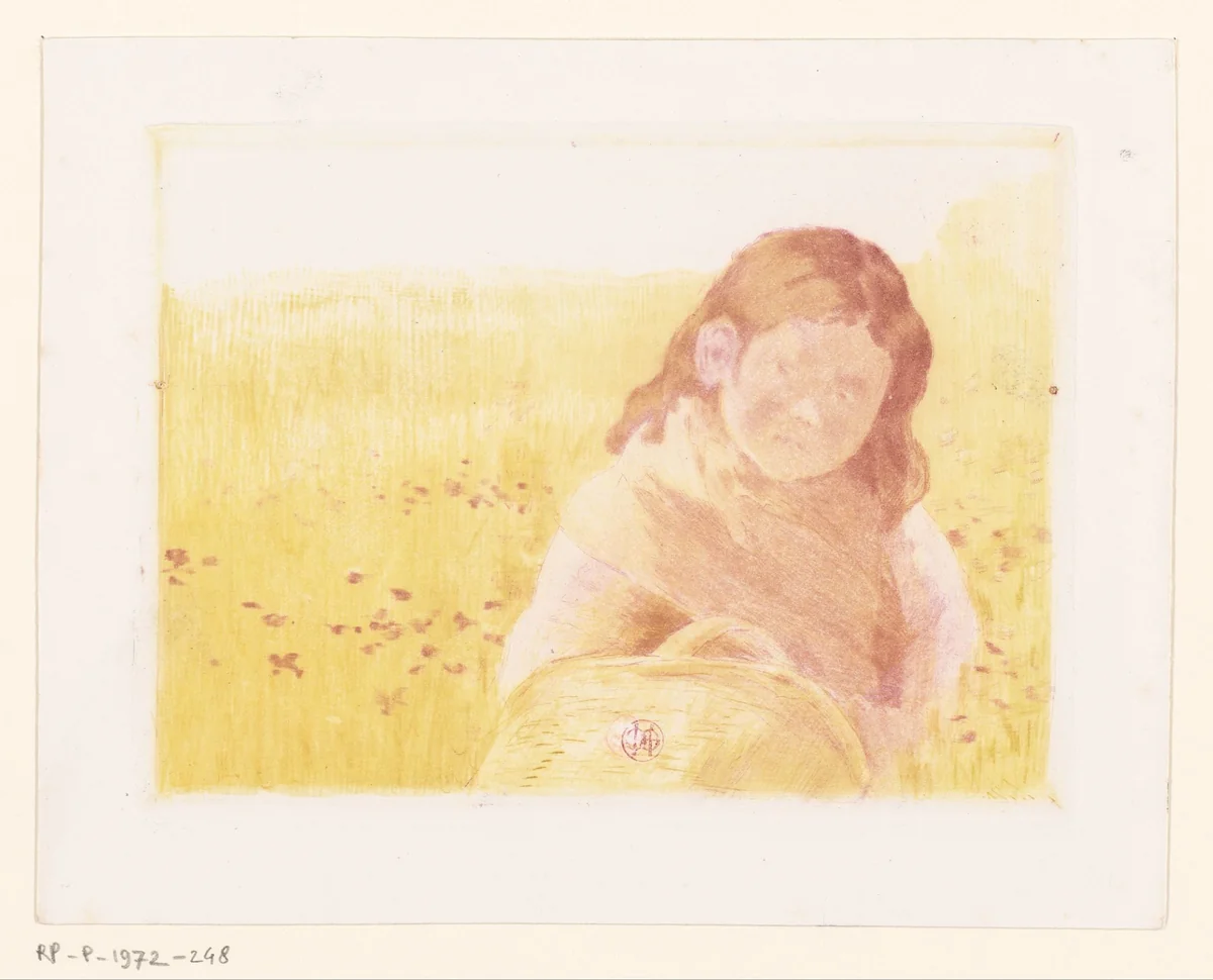 Meisje met mand in een bloemenweide by Henri Charles Guérard, print, 1856-1897