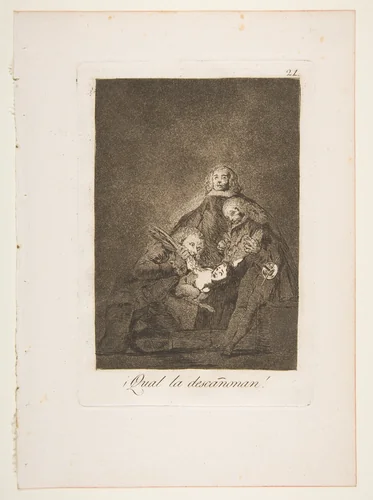 Plate 21 from "Los Caprichos": How they pluck her! (¡Qual la descañonan!) by Goya, print, 1799