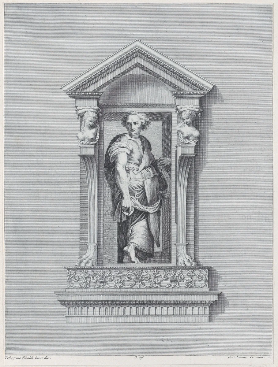 A standing man in a niche looking toward the left by Bartolomeo Crivellari, print, 1756