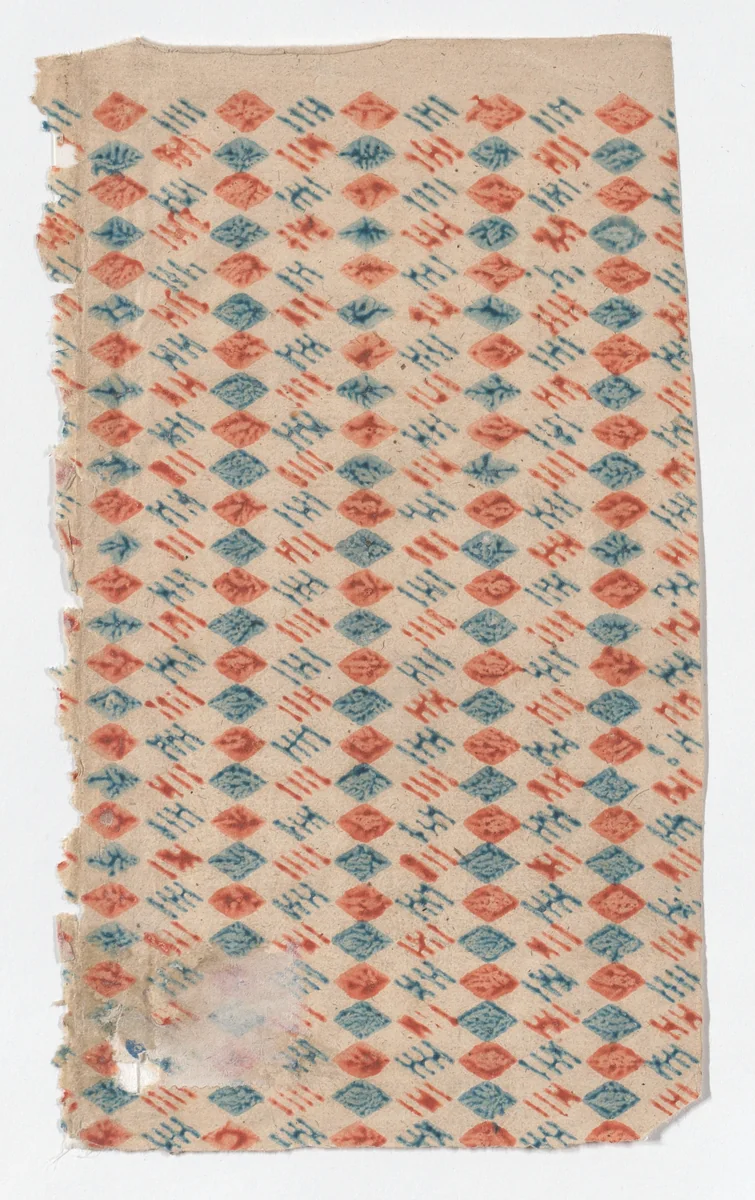 Sheet with overall blue and red diamond pattern by anonymous, print, 1800-1900