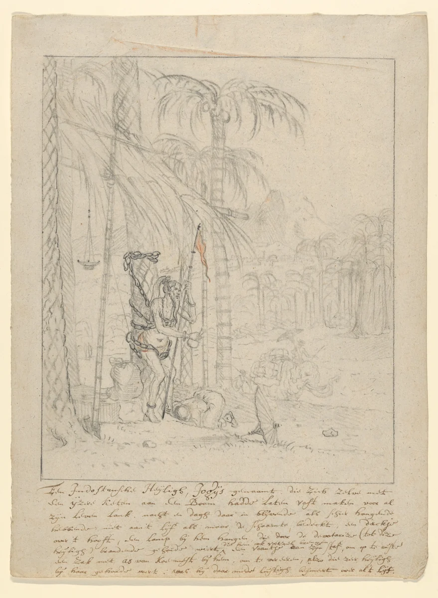 An Indian Yogi Tied to a Palm Tree by Willem Schellinks, drawing, 1660-1678