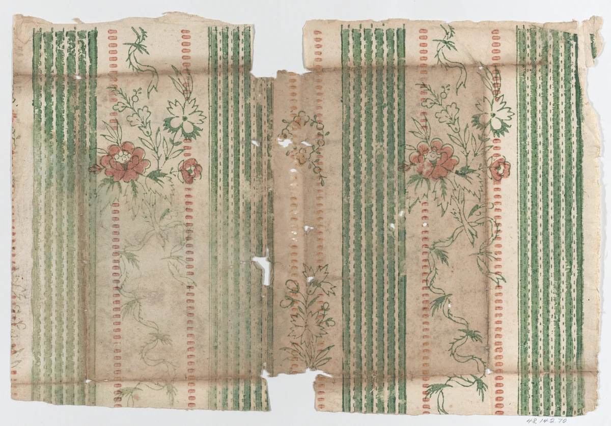 Sheet with two borders with stripes and a floral pattern by anonymous, print, 1775-1875
