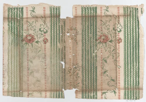 Sheet with two borders with stripes and a floral pattern by anonymous, print, 1775-1875