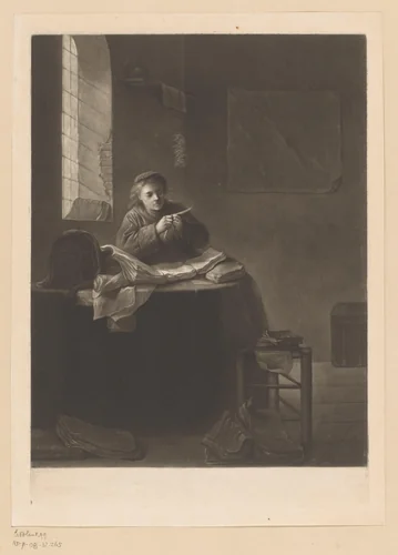 Geleerde versnijdt een pen in zijn werkkamer by Richard Houston, print, 1731-1775