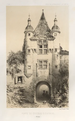 Architecture Pittoresque ou Monuments des xveme. Et xvieme. Siecles: Chateaux De France des XV et XVI Siecles: Pl.7, Porte du Chateau d'Exideuil (Dordogne) by Victor Petit, print, 1860