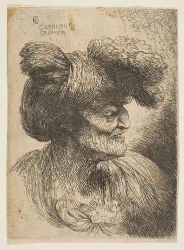 Bust of beardless old man in profile facing right, from "Small Heads in Oriental Headdress" by Giovanni Benedetto Castiglione, print, 1640-1655