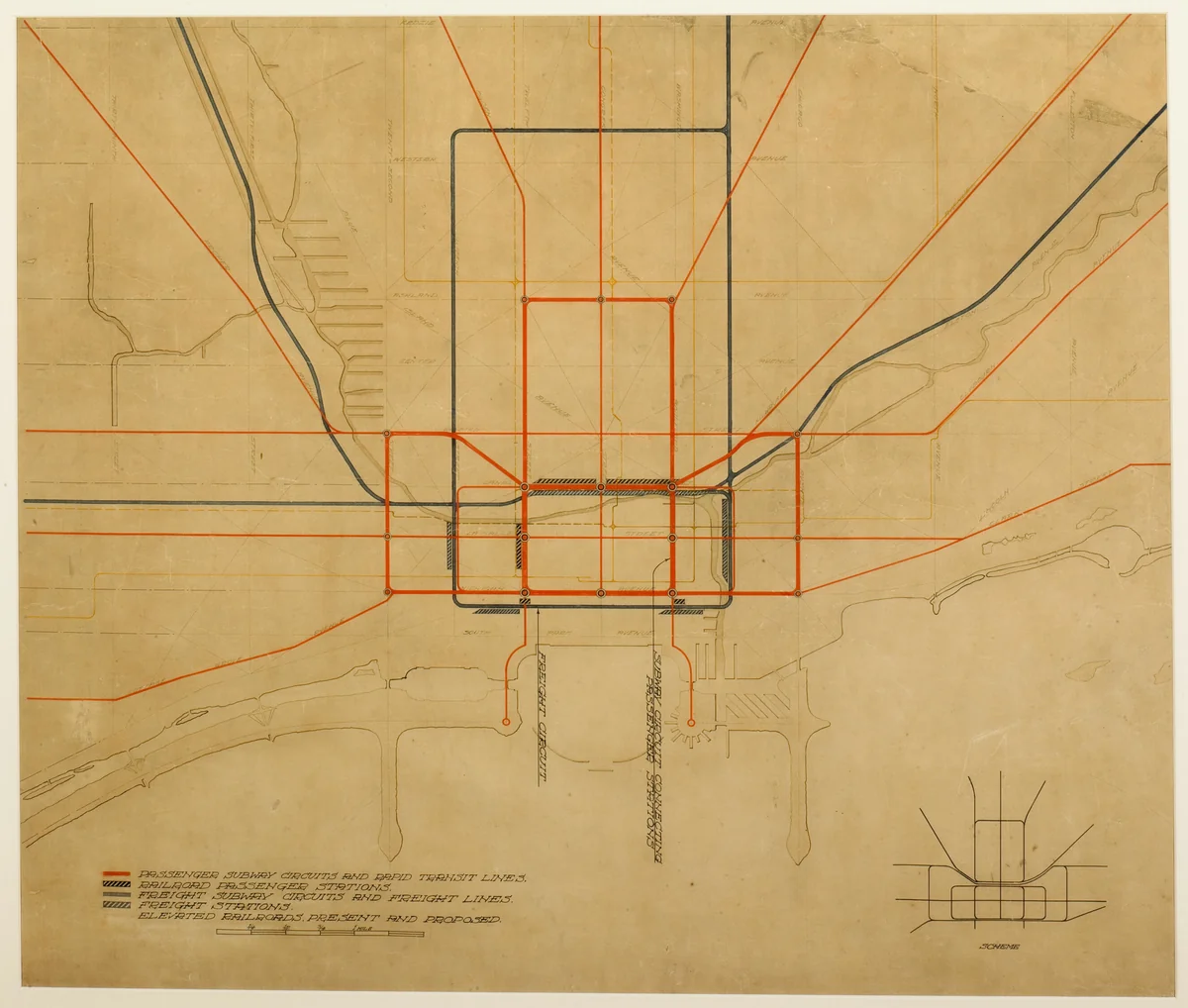 Plate 75 from The Plan of Chicago, 1909: Chicago. Diagram of the City, Showing Complete System of Inner Circuits by Daniel Hudson Burnham
Edward Herbert Bennett, drawing, 1909
