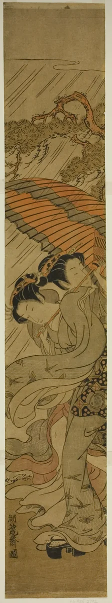Two Young Women with Umbrella Caught in Rainstorm by Isoda Koryusai, print, 1766-1776