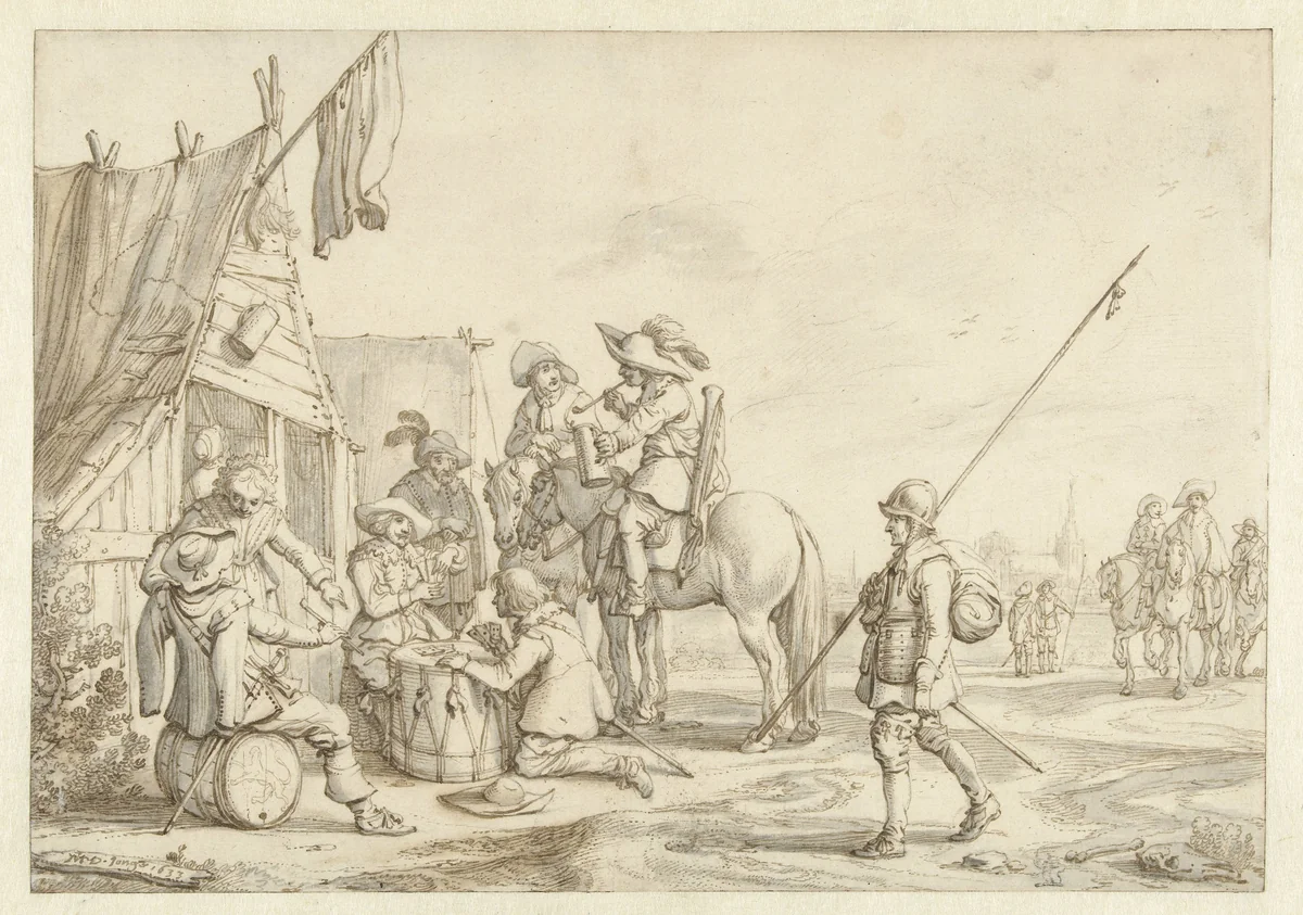 Soldaten voor een herberg by Jan Martszen de Jonge, drawing, 1633