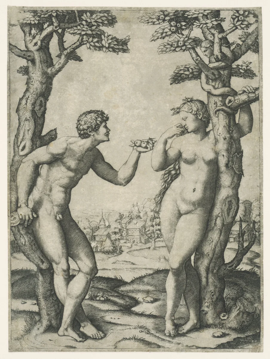 Zondeval van Adam en Eva bij boom van kennis van goed en kwaad met slang by Marcantonio Raimondi, print, 1510-1516