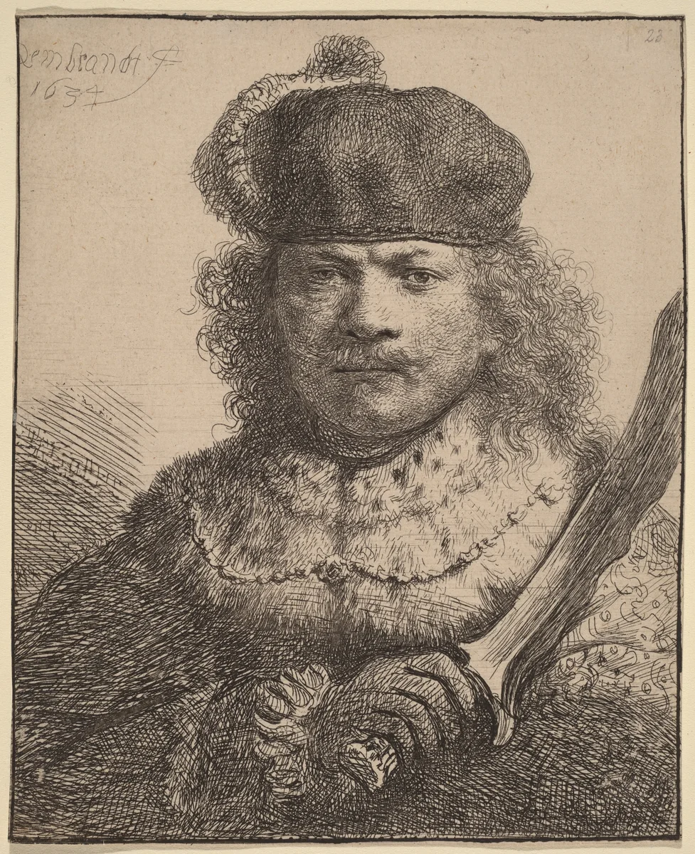 Self-Portrait with Raised Sabre by Rembrandt van Rijn, print, 1634
