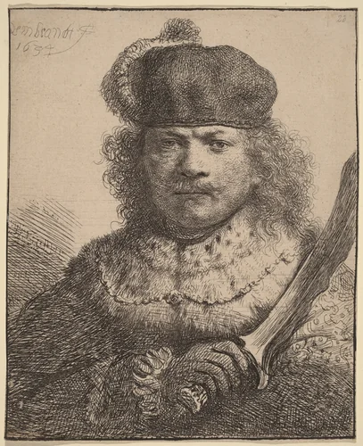 Self-Portrait with Raised Sabre by Rembrandt van Rijn, print, 1634