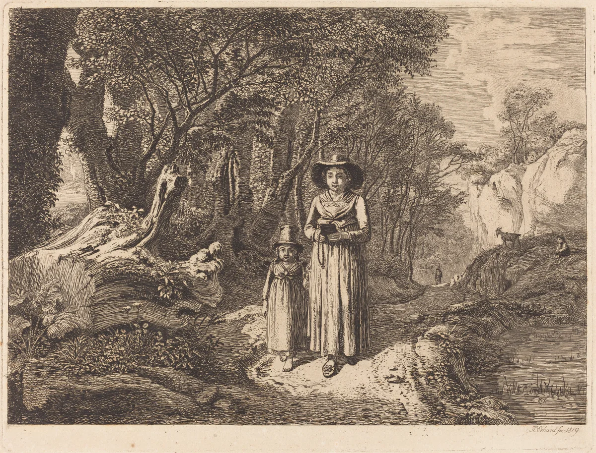 Woman and Child Walking to Church by Johann Christoph Erhard, print, 1819
