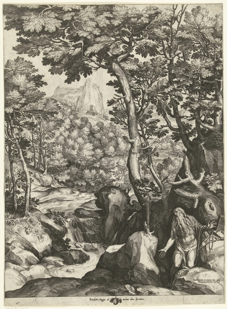 Landschap met de H. Onuphrius by Unknown, print, 1574