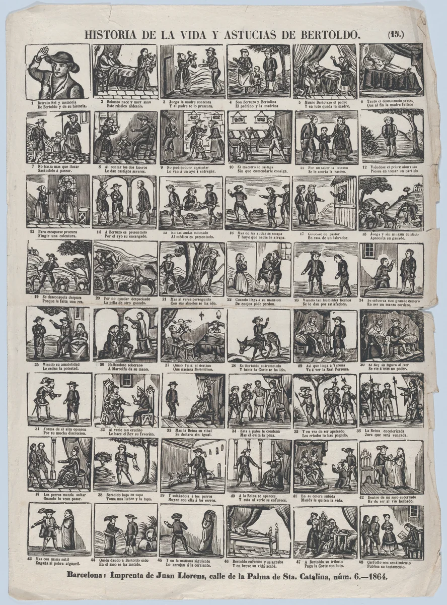 Broadside with 48 scenes relating to the life and cunning of the peasant Bertoldo by Juan Llorens, print, 1864