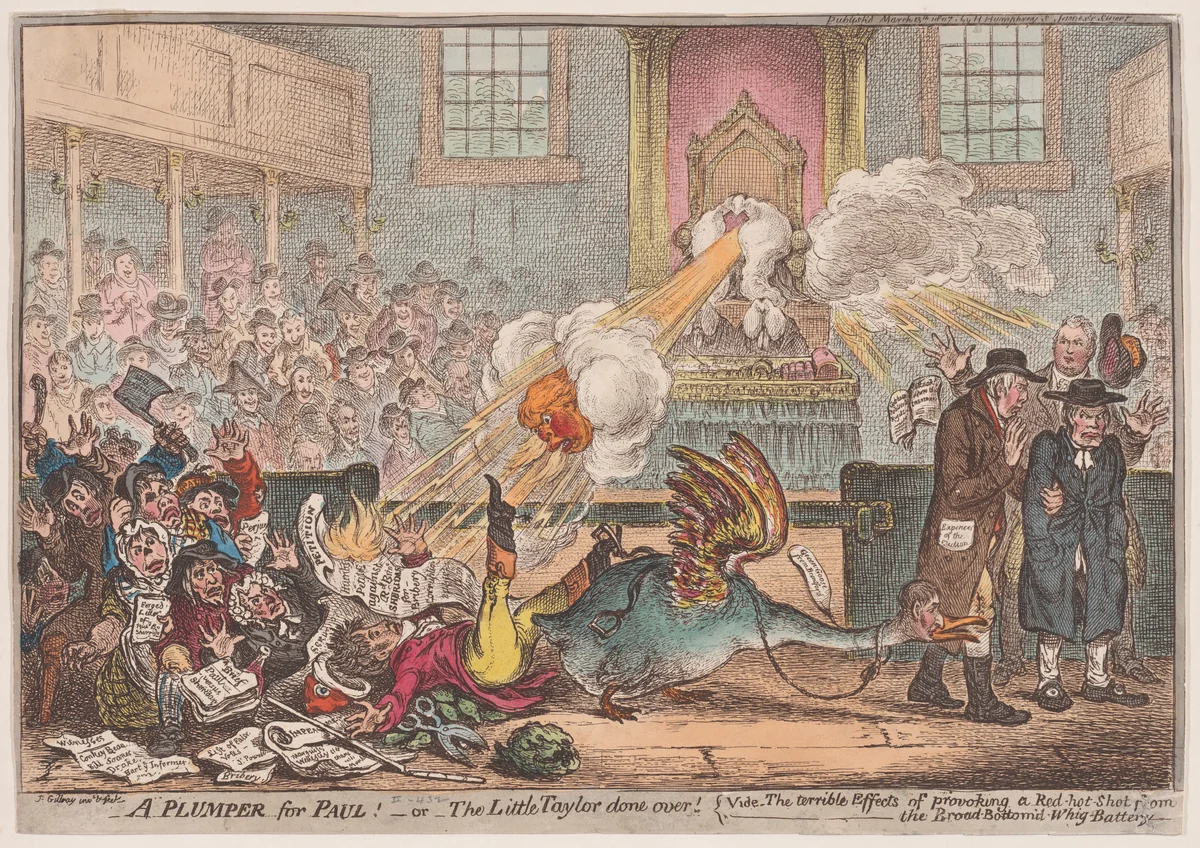 A Plumper for Paul!–or–the Little Taylor Done Over; vide–the terrible Effects of provoking a Red-hot Shot from the Broad-Bottom'd-Whig-Battery by James Gillray, print, 1807