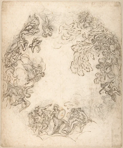 Design for a Ceiling Decoration: A Gathering of Mythological Figures (recto); Dancing Satyr and Two Seated Figures (verso) by Anton Domenico Gabbiani, drawing, 1652-1726
