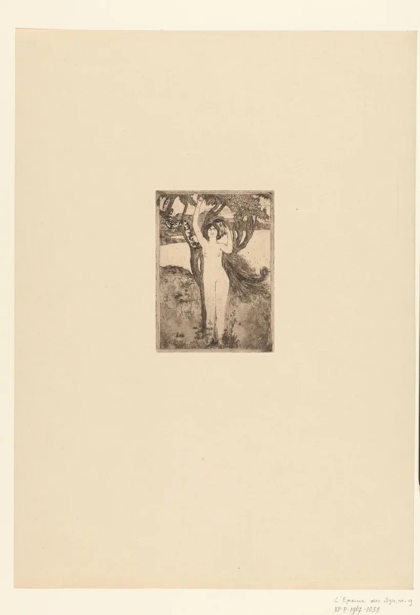Eva en slang in paradijs by Simon-Albert Bussy, print, 1892-1894