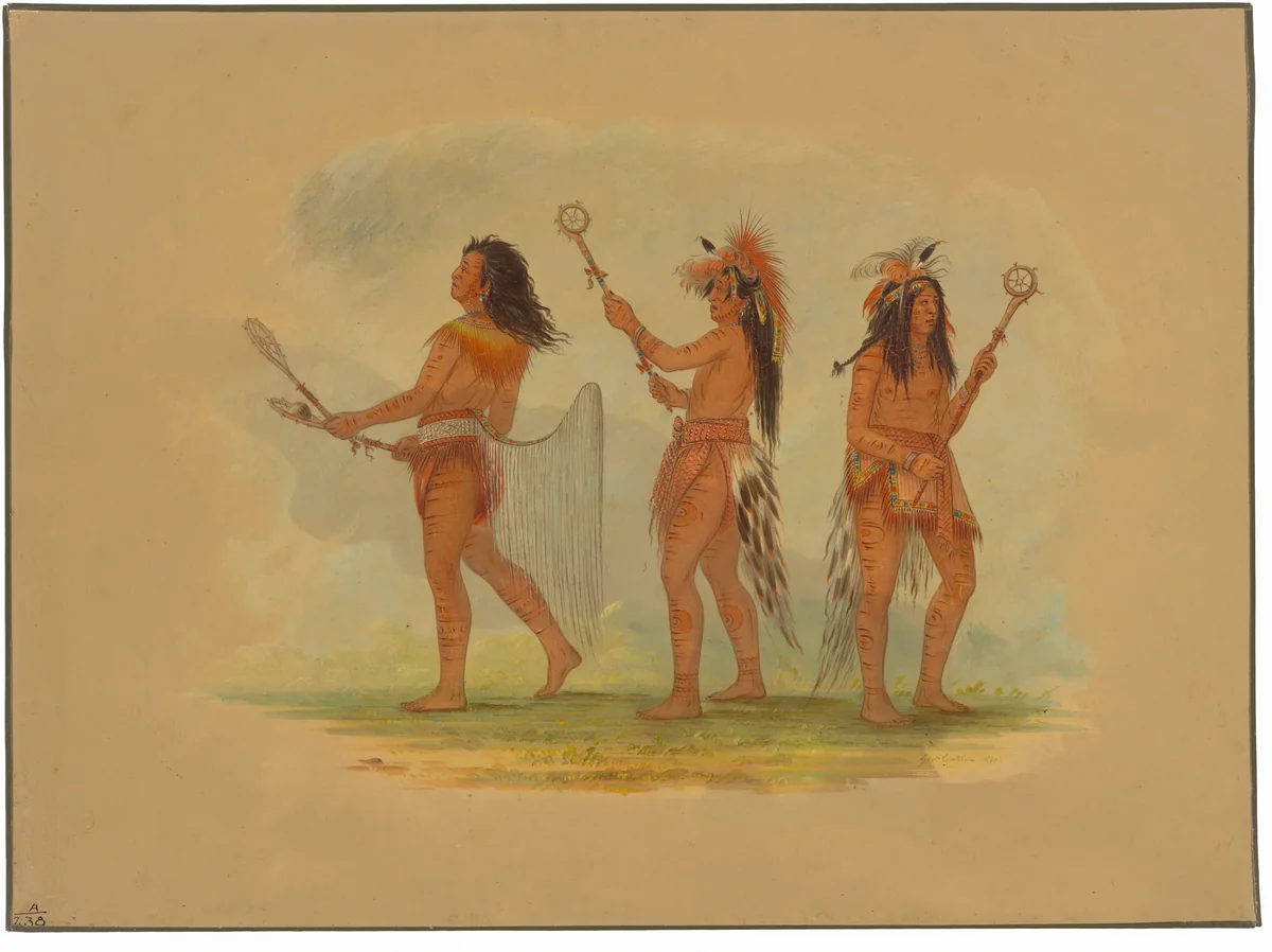 Three Celebrated Ball Players - Choctaw, Sioux and Ojibbeway by George Catlin, painting, 1861