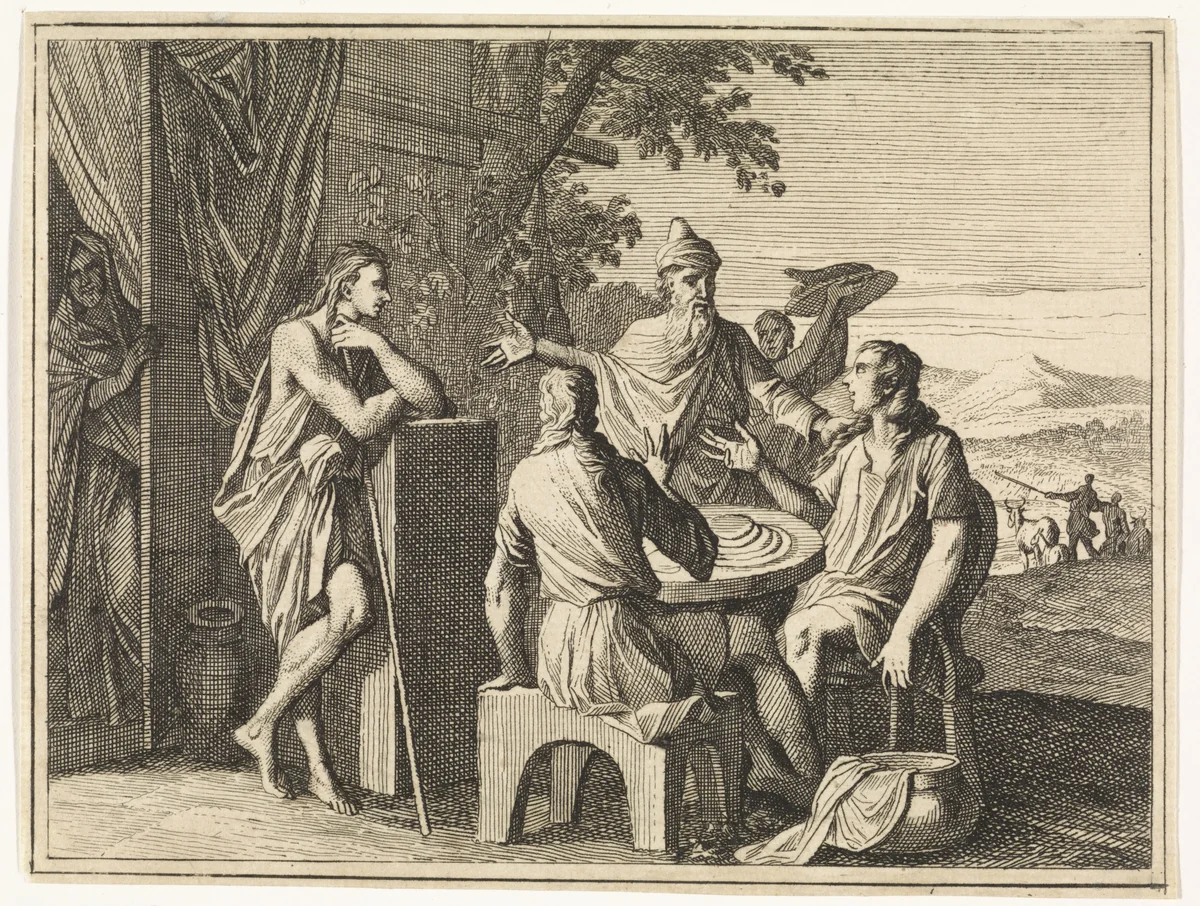 Abraham ontvangt de drie engelen by Caspar Luyken, print, 1712