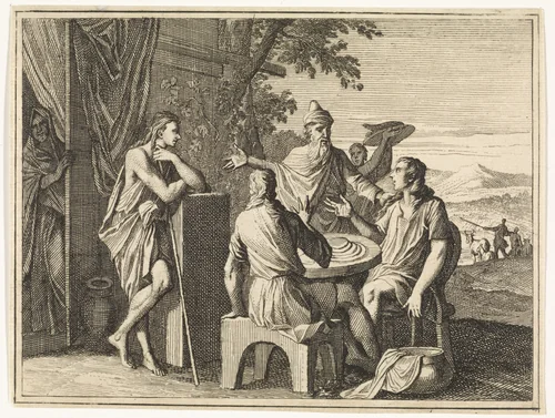 Abraham ontvangt de drie engelen by Caspar Luyken, print, 1712