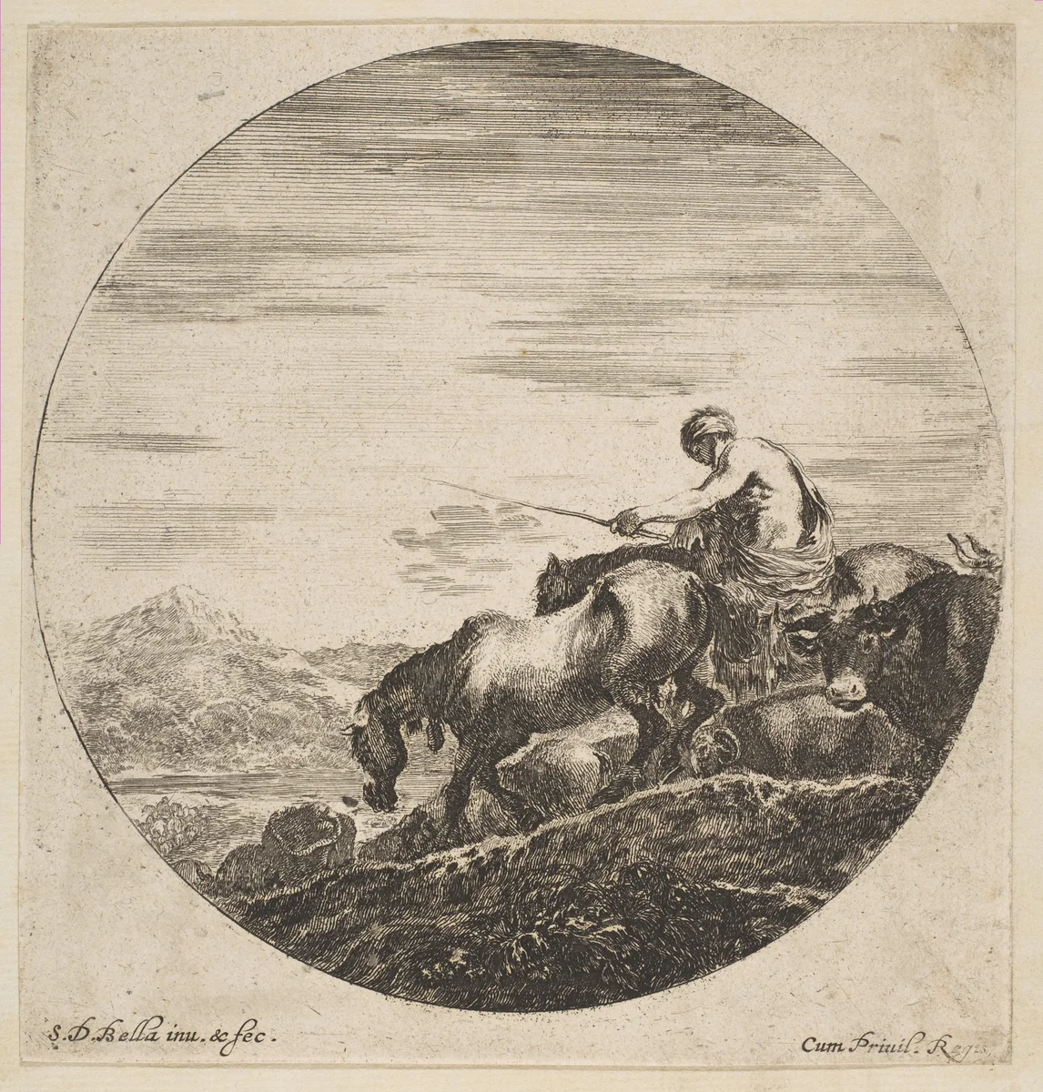 Herdsman on horseback drives animals, from 'Six animal subjects' (Six sujets d'animaux) by Stefano della Bella, print, 1641-1651