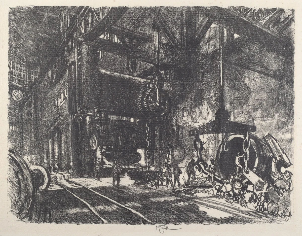 In the Land of Brobdingnag, the Armour Plate Bending Press by Joseph Pennell, print, 1917