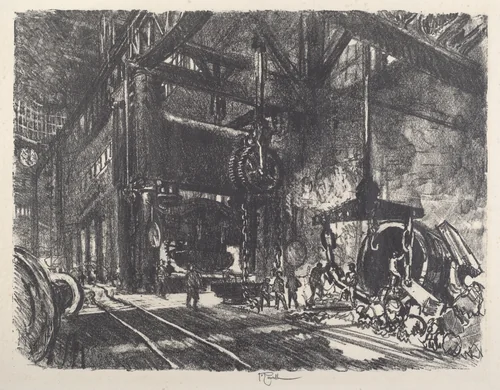 In the Land of Brobdingnag, the Armour Plate Bending Press by Joseph Pennell, print, 1917