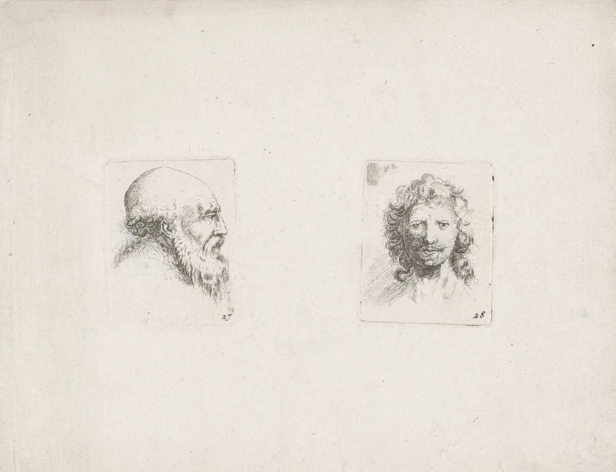 Oude man met baard en jonge man met krullen by anonymous, print, 1620-1664