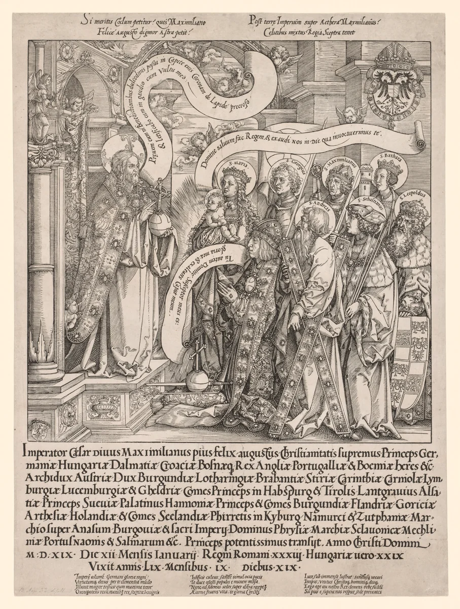 The Emperor Maximilian Presented by His Patron Saints to the Almighty by Hans Springinklee, print, 1519