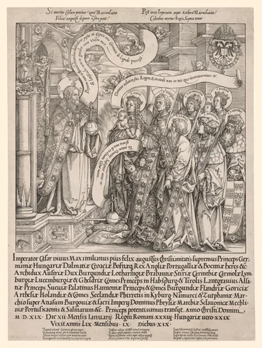 The Emperor Maximilian Presented by His Patron Saints to the Almighty by Hans Springinklee, print, 1519
