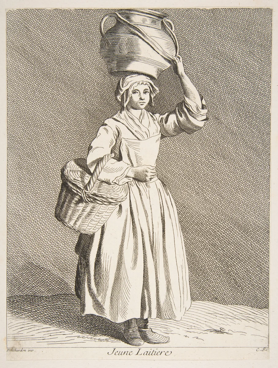 Young Milkmaid by Anne Claude Philippe de Tubières, print, 1737