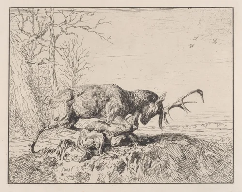 Stag Fighting a Wolf, after Antoine Louis Barye by Charles Jacque, print, 1846