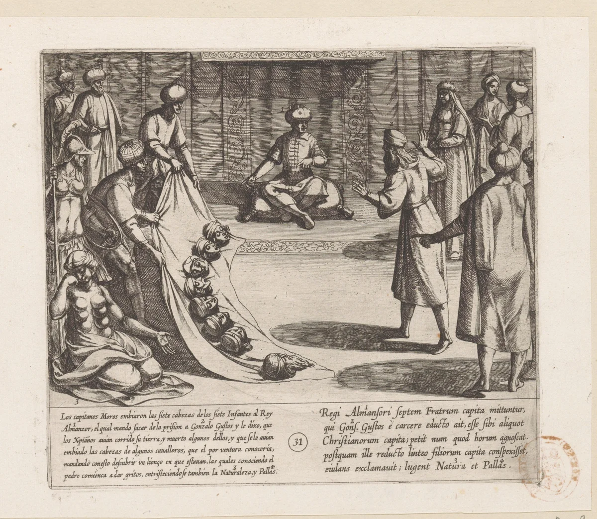 In aanwezigheid van Almanzor identificeert Gonzalo Gustos de hoofden van zijn zonen by Antonio Tempesta, print, 1612