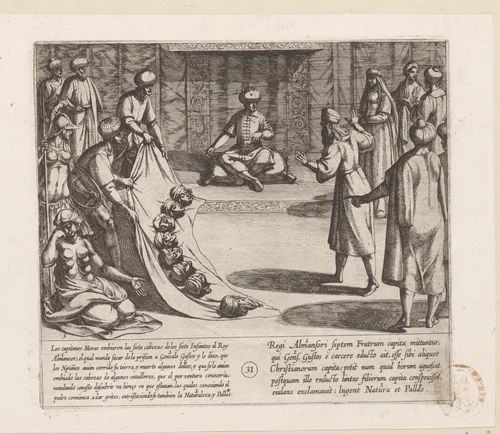 In aanwezigheid van Almanzor identificeert Gonzalo Gustos de hoofden van zijn zonen by Antonio Tempesta, print, 1612