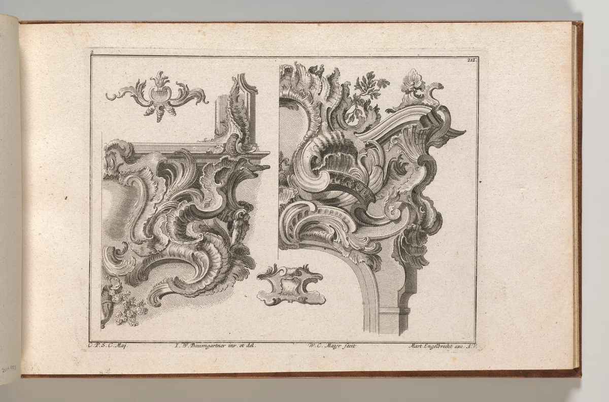 Suggestion for the Decoration of Lower Right and Top Right of an Altar Frame, Plate 2 from an Untitled Series with Rocailles Ornaments for Altar and Door Frames by Wolffgang Christoph Mayr, book, 1745-1755