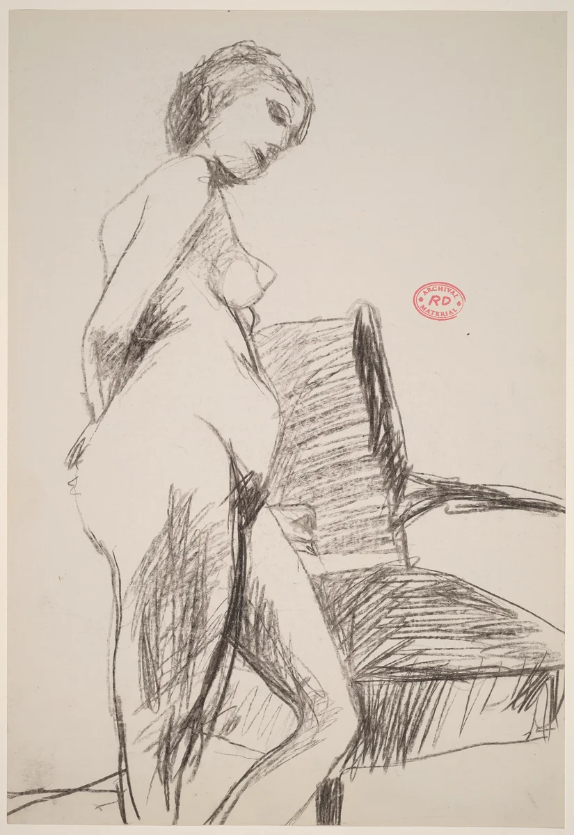 Untitled [side view of female nude leaning on an armchair] by Richard Diebenkorn, drawing, 1955-1967