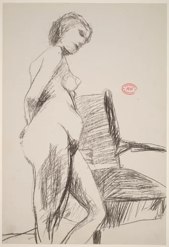 Untitled [side view of female nude leaning on an armchair] by Richard Diebenkorn, drawing, 1955-1967