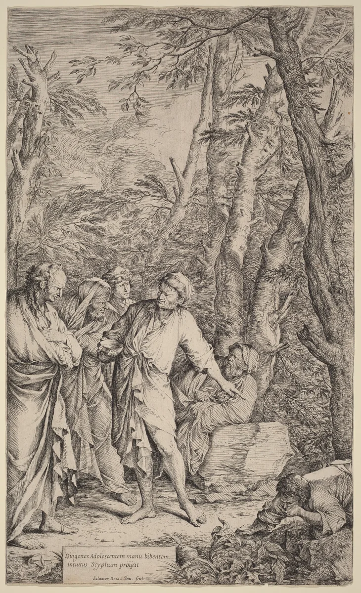 Diogenes Casting away his Bowl by Salvator Rosa, print, 1662