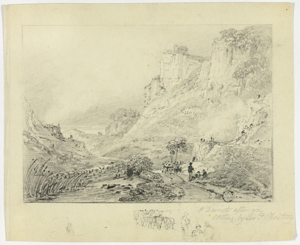 Figures and Horse Cart in Landscape with Cliffs by Peter de Wint, drawing, 1800-1850