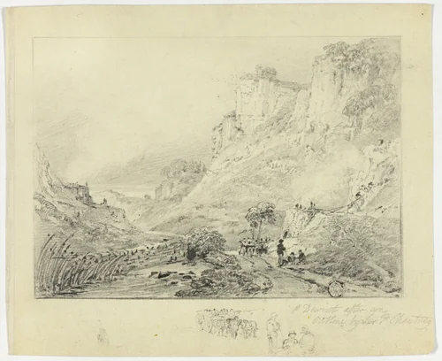 Figures and Horse Cart in Landscape with Cliffs by Peter de Wint, drawing, 1800-1850