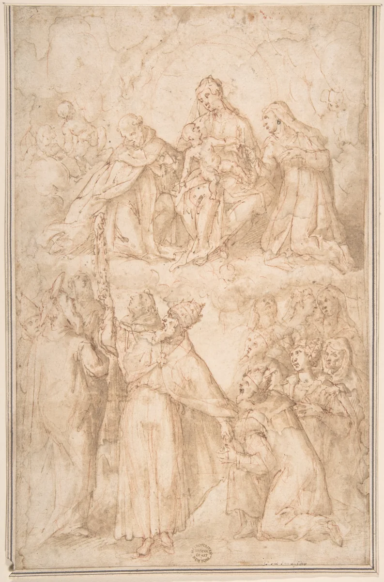 Saint Dominic Giving the Rosary to Pope Pius V by anonymous, drawing, 1600-1700
