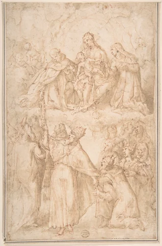 Saint Dominic Giving the Rosary to Pope Pius V by anonymous, drawing, 1600-1700
