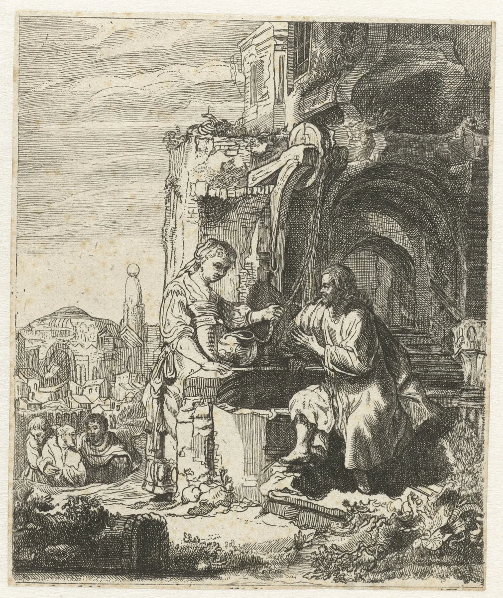 Christ and the woman of Samaria among ruins by anonymous, print, 1705-1775